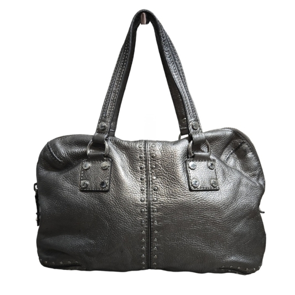 Michael Kors Altor Metallic Gray Leather Studded Top Handle Y2K Satchel - Picture 1 of 15